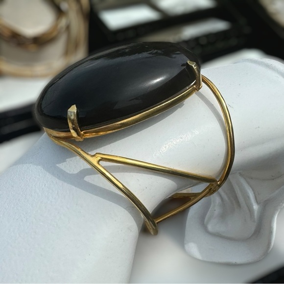 Vintage Jewelry - Vintage 10K Gold Filled Black Obsidian Cabochon Cuff Bracelet